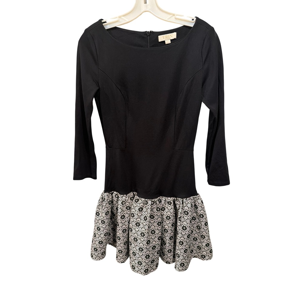 ERIN Erin Fetherston Dress Black White Jacquard Bubble Hem Mini 3/4 Sleeve 4